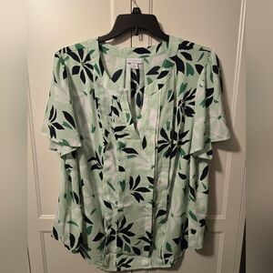 Liz Claiborne Mint Leaf Print Blouse Flutter Sleeves Size 2X